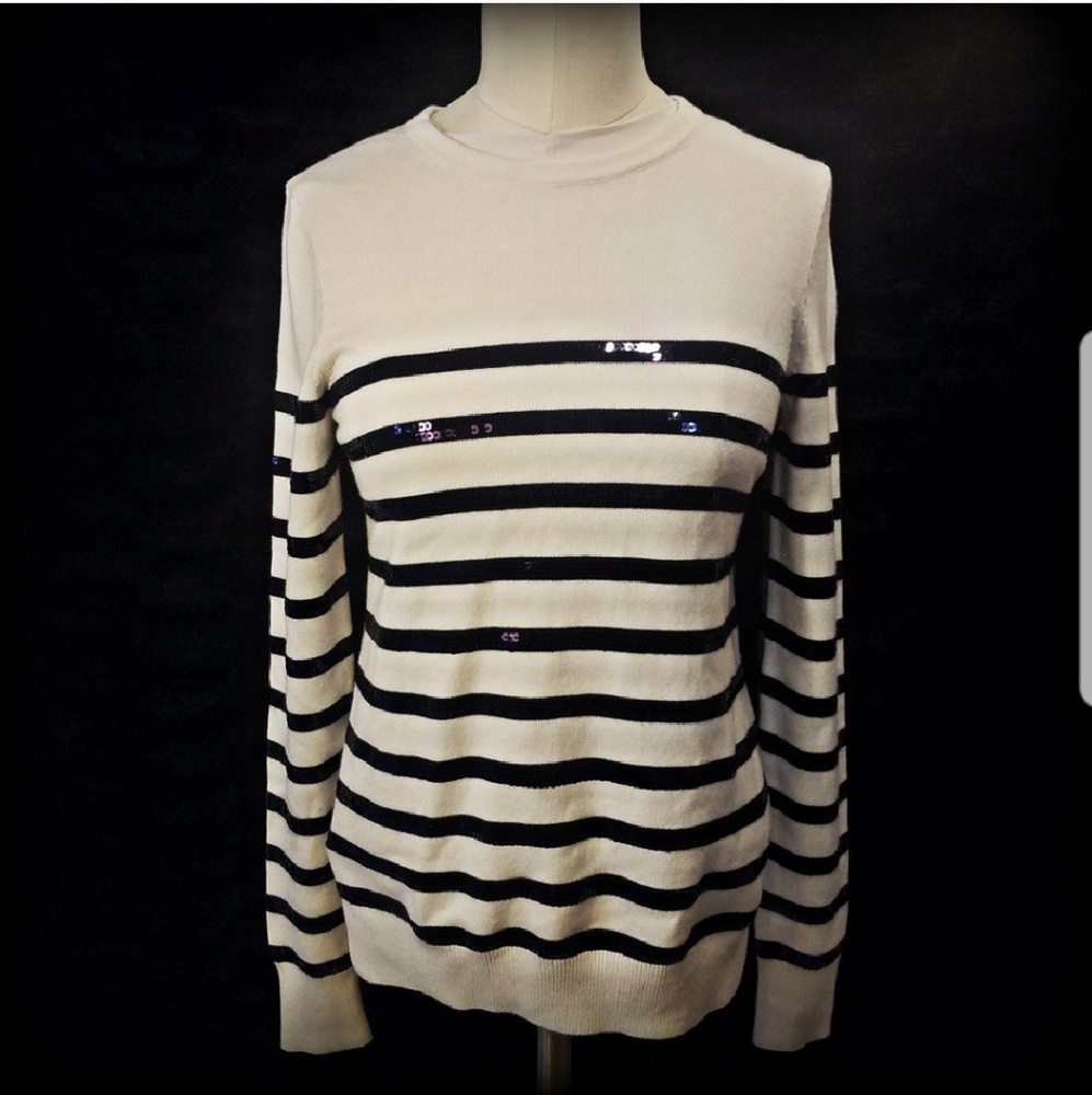Ann Taylor Ivory Sequin Striped Nautical sweater